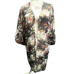 Mudd Black Floral Boho Sleeve Open Front Sheer Kimono Ruffled Sleeves  One Size